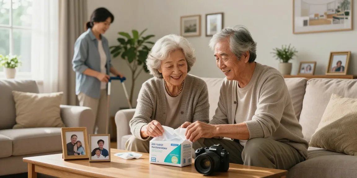 Experience the comfort of adult incontinence supplies with a supportive elderly couple in a cozy living room setting.