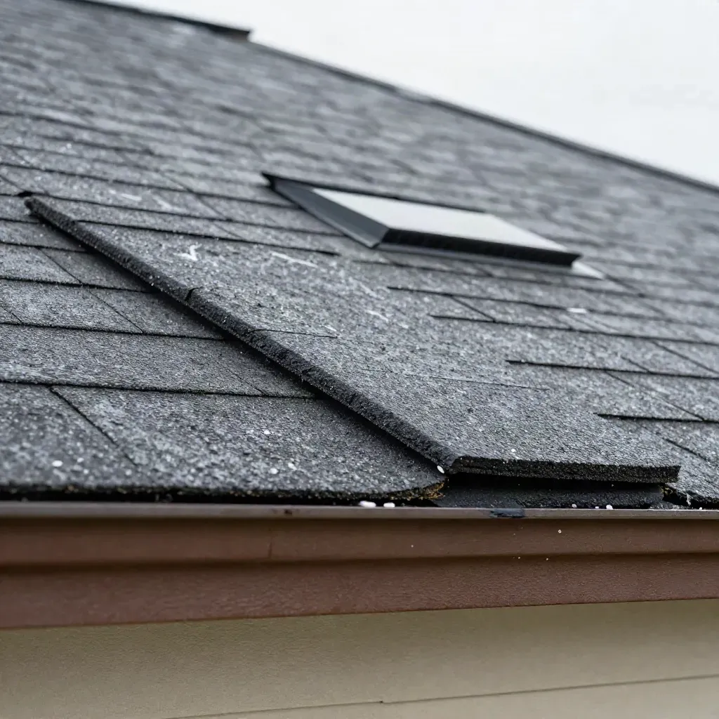 Rain-darkened roof corner with lifted shingle, ridge vent, and inspection marks after a storm.