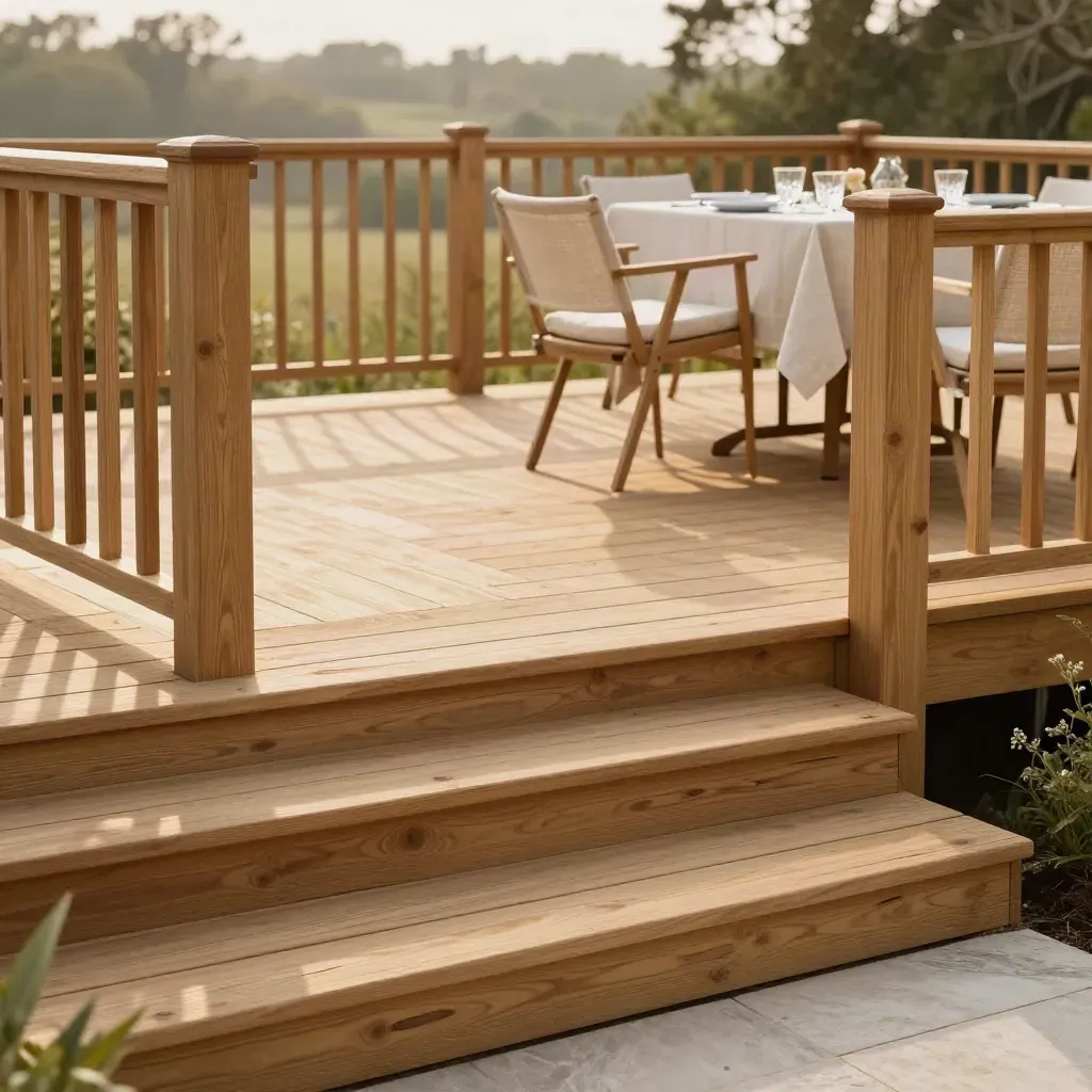 Finished cedar deck with empty chairs and a simple summer table ready for dinner