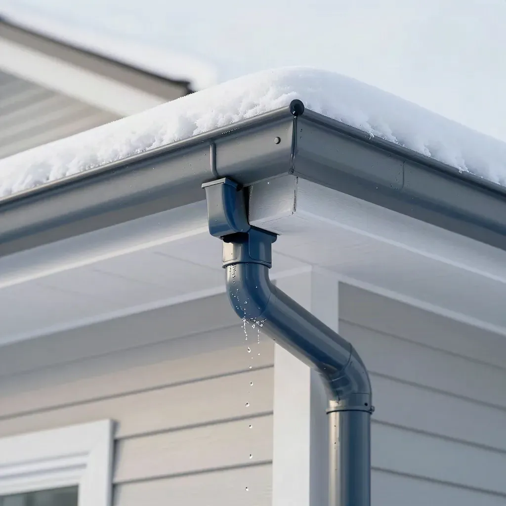 New gutters guiding meltwater from a snow-ready roof edge in bright winter light.