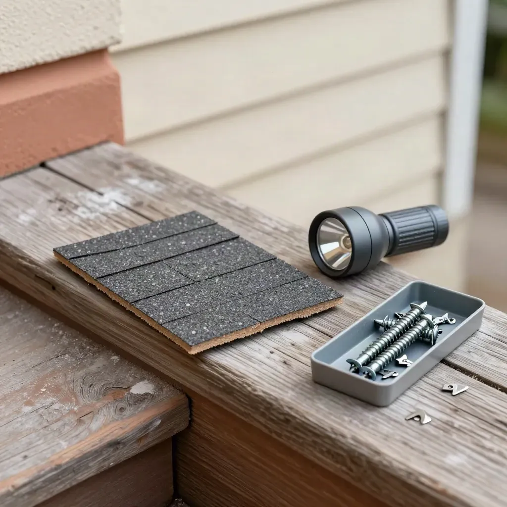 Shingle sample, flashlight, and fastener tray on a worn stair tread in soft daylight.