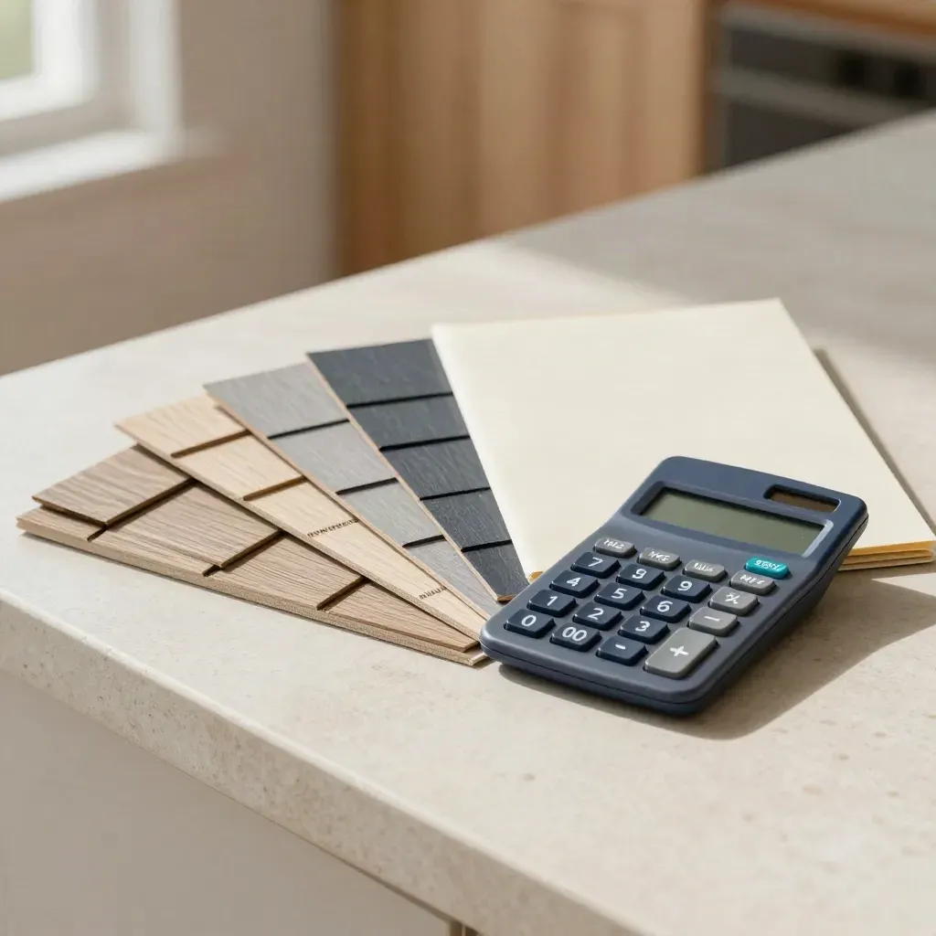 Swatches, calculator, and estimate sleeve on a pale stone counter in soft daylight.