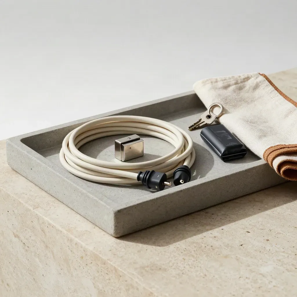 Stone tray with extension cord, lockbox key and battery pack on a concrete surface