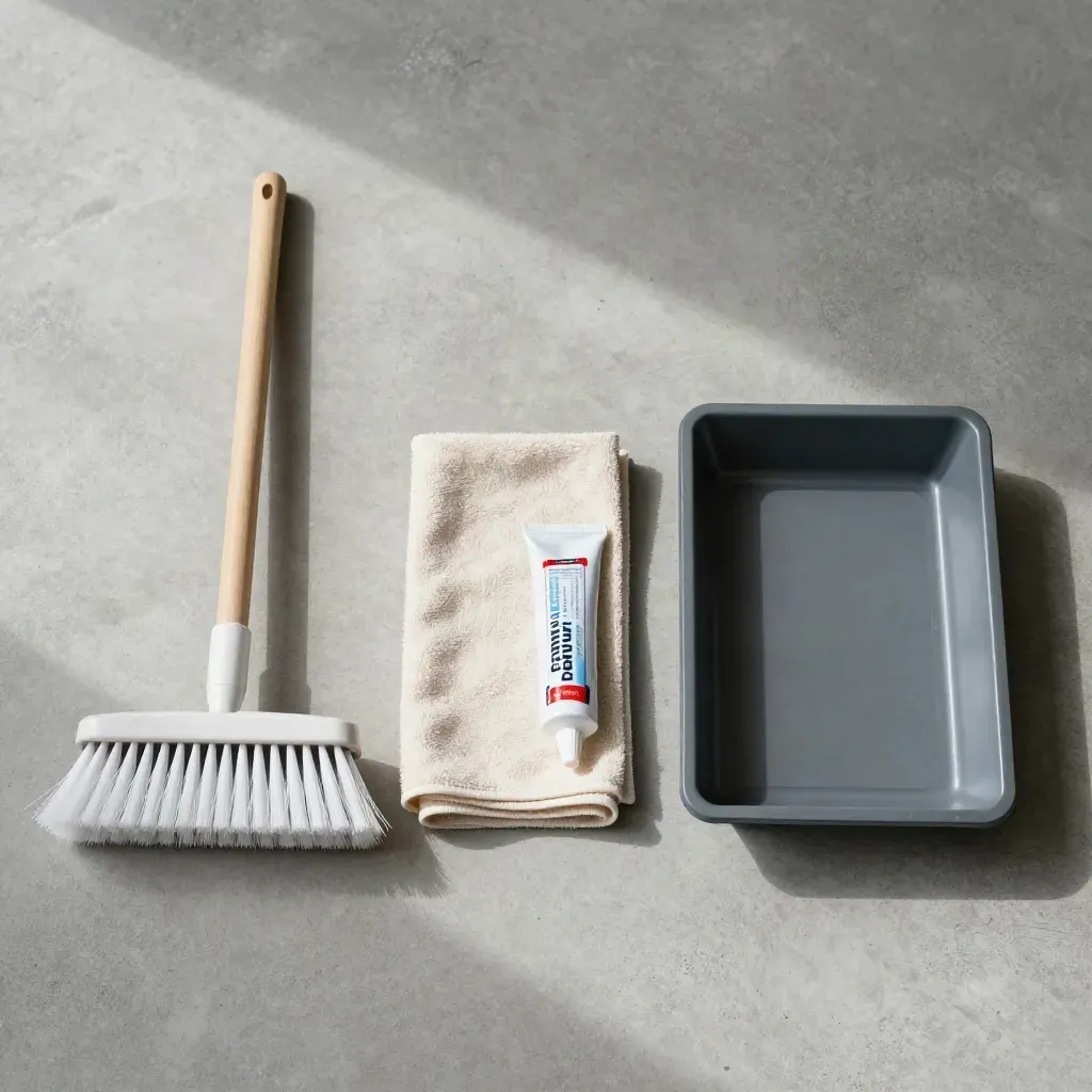 Overhead flatlay of broom, microfiber cloth, caulk tube and paint tray on concrete.