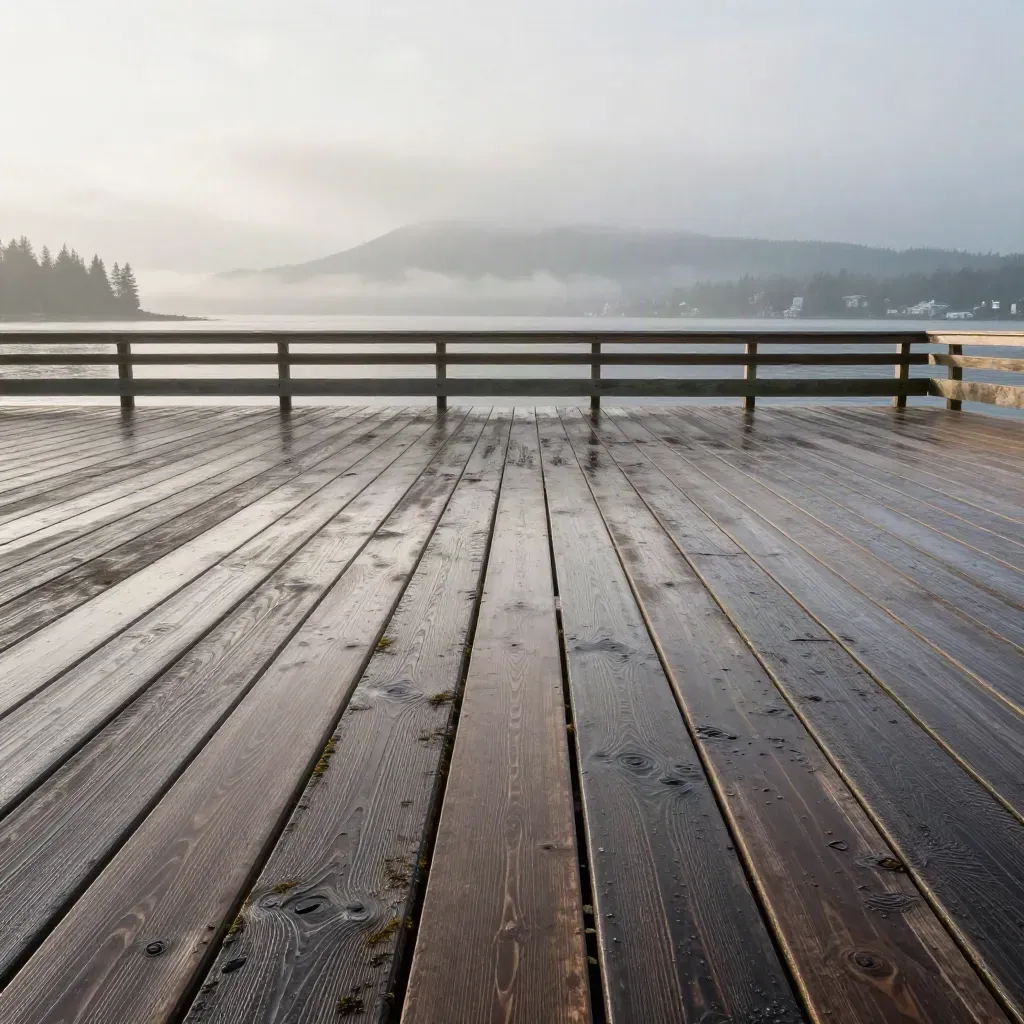 Rain-dark cedar deck with misty Vancouver harbour and soft mountain layers under cloud